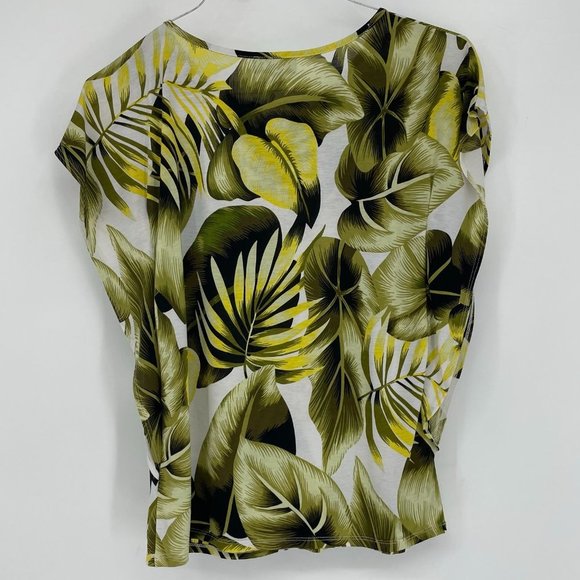 Laura Green and Yellow Botanical Leaf print flutter sleeve blouse keyhole neck S - Picture 2 of 12